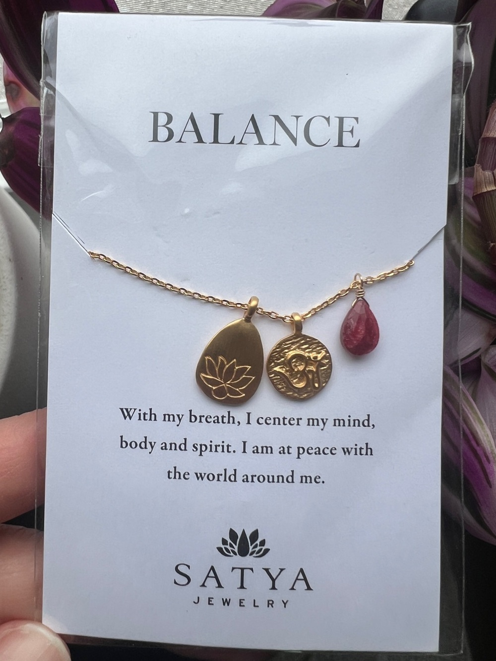Satya Jewelry Gold Balance Charm Necklace with Ruby Teardrop NWT